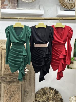 Örme Crep  Kumaş Balon Kol Volan Detay Yeşil Elbise