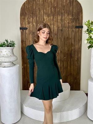 Örme Crep Kumaş Gloplu Eteği Volanlı Balon Kol Tasarım Elbisemiz Yeşil