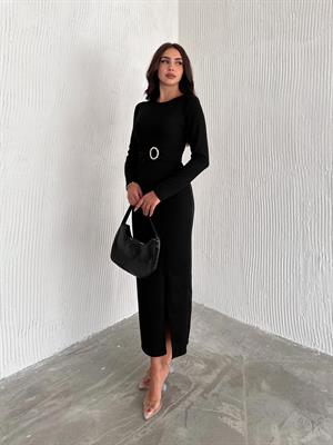 Örme Crep Kumaş Gold Aksesuar Detaylı Siyah Midi Boy Elbise