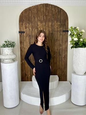 Örme Crep Kumaş Gold Aksesuar Detaylı Siyah Midi Boy Elbise