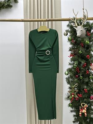 Örme Crep Kumaş Gold Aksesuar Detaylı Yeşil Midi Boy Elbise