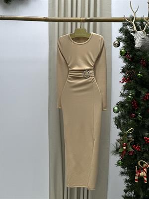 Örme Crep Kumaş Gold Aksesuar Detaylı Midi Boy Elbise Krem