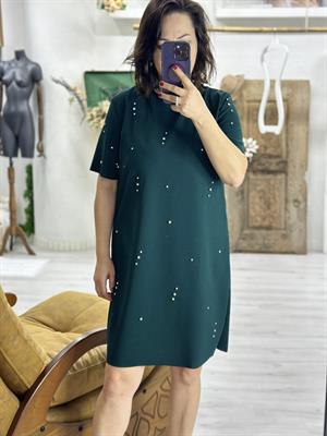 Örme Crep Kumaş Taş Detaylı Yeşil Elbise