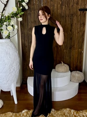 Örme Crep Şifon Detaylı Uzun Elbise 