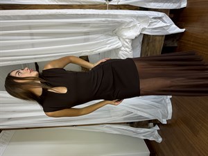 Örme Crep Şifon Detaylı Uzun Elbise Kahverengi