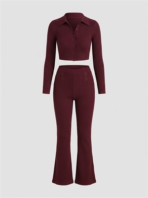 Ottoman Kumaş Crop Gömlek ve Pantolon İkili Takım Bordo