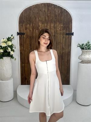 Ottoman Kumaş Fermuarlı Kalın Askılı Elbise Beyaz