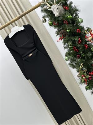 Ottoman Kumaş Kare Yaka Yan Yırtmaçlı Uzun Siyah Elbise