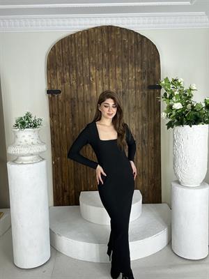 Ottoman Kumaş Kare Yaka Yan Yırtmaçlı Uzun Siyah Elbise