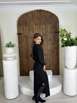 Ottoman Kumaş Kare Yaka Yan Yırtmaçlı Uzun Siyah Elbise