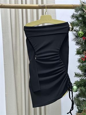 Ottoman Kumaş Madonna Yaka Asansör Büzgülü Elbise Siyah