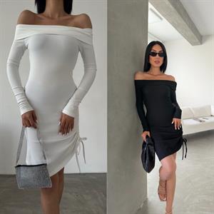 Ottoman Kumaş Madonna Yaka Asansör Büzgülü Elbise Siyah