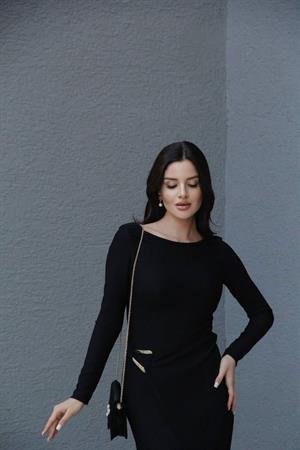 Ottoman Kumaş Metal Aksesuarlı Tasarım Siyah Uzun Elbise