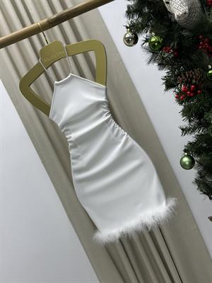 Ottoman Kumaş Otriş Detay Taş Askılı Tasarım Mini Elbise Beyaz