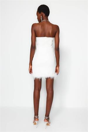 Ottoman Kumaş Otriş Detay Taş Askılı Tasarım Mini Elbise Beyaz