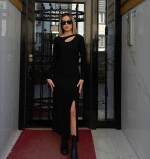 Ottoman Kumaş Toparlayıcı Etkili Damla Yaka Uzun Kollu Maksi Boy Siyah Elbise