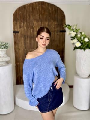 Oval Yaka Yumuşak Dokulu Merserize Triko Kazak Bebe Mavisi