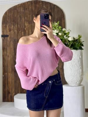 Oval Yaka Yumuşak Dokulu Merserize Triko Kazak Pudra