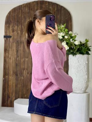 Oval Yaka Yumuşak Dokulu Merserize Triko Kazak Pudra