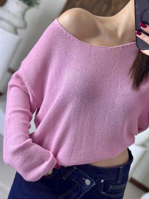 Oval Yaka Yumuşak Dokulu Merserize Triko Kazak Pudra