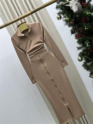 Oys Fermuar Detaylı Etek Bluz İkili Takım Bej