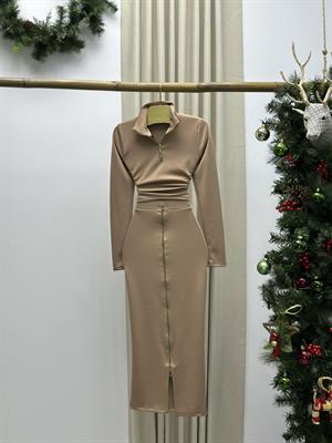 Oys Fermuar Detaylı Etek Bluz İkili Takım Bej