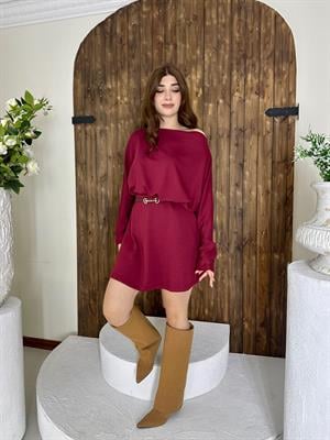 Oys Modal Kumaş Kloş Etek Düşük Omuz Bluz İkili Takım Bordo