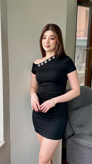 Oys Modal Kumaş Kuşgözü Detaylı Drapeli Elbise Siyah