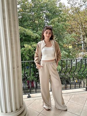 Oys Modal&Paraşüt Kumaş Biye Detay Fermuarlı İkili Eşofman Krem Takım