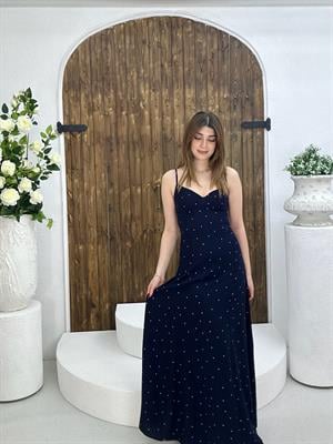 Pamuk Viskon Kumaş Puantiye Desen Uzun Elbise Lacivert