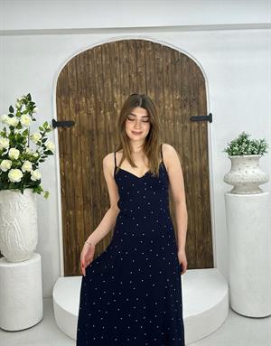 Pamuk Viskon Kumaş Puantiye Desen Uzun Elbise Lacivert