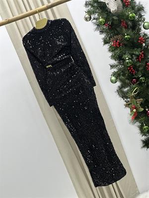 Payet Kadife Kumaş Bel Dekolteli Yırtmaçlı Uzun Siyah Elbise