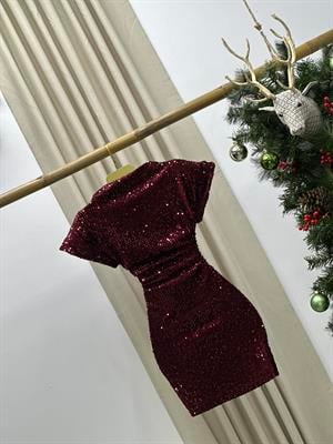 Payet Kumaş Düşük Kol Likralı Tasarım Elbise Bordo