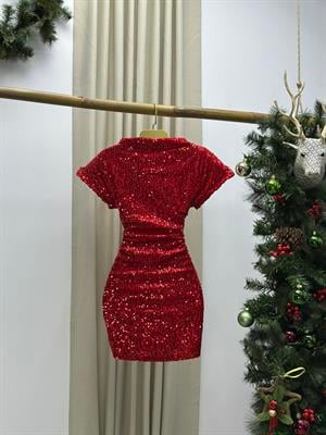 Payet Kumaş Düşük Kol Likralı Tasarım Elbise Kırmızı