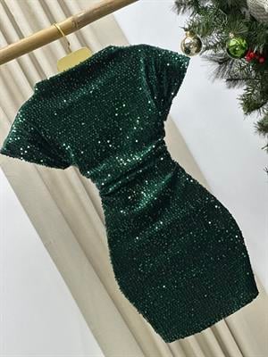 Payet Kumaş Düşük Kol Likralı Tasarım Elbise Yeşil