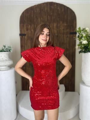 Payet Kumaş Düşük Kol Likralı Tasarım Elbise Kırmızı