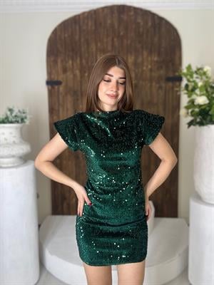 Payet Kumaş Düşük Kol Likralı Tasarım Elbise Yeşil