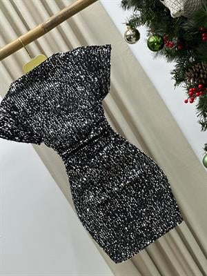 Payet Kumaş Düşük Kol Likralı Tasarım Elbise Gümüş