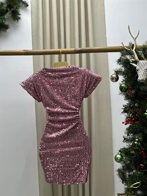 Payet Kumaş Düşük Kol Likralı Tasarım Elbise Pudra