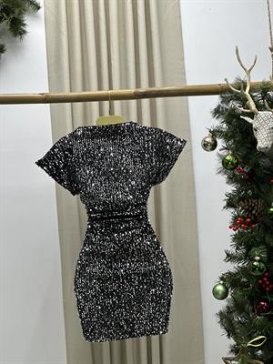 Payet Kumaş Düşük Kol Likralı Tasarım Elbise Gümüş