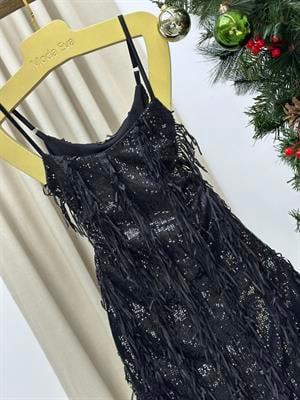 Payet Kumaş Saçak Detaylı Tasarım Mini Elbise Siyah