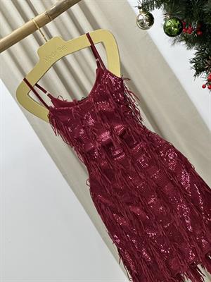 Payet Kumaş Saçak Detaylı Tasarım Mini Elbise