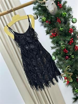 Payet Kumaş Saçak Detaylı Tasarım Mini Elbise Siyah