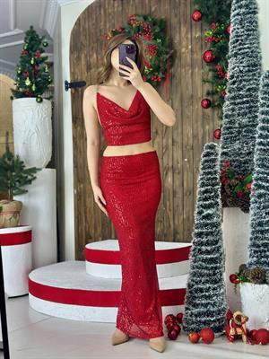 Payet Kumaş Sırt Zincir Detay Etek Crop İkili Takım Kırmızı