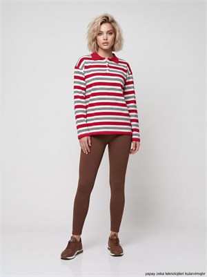 Polo Yaka Çizgi Desenli Sweatshirt Kırmızı