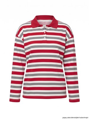 Polo Yaka Çizgi Desenli Sweatshirt Kırmızı