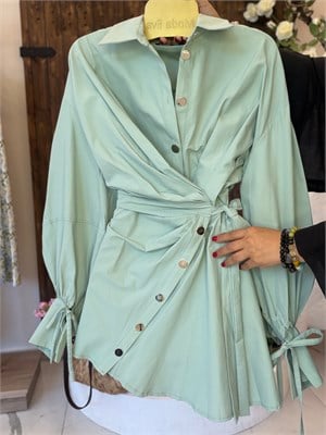 Poplin Kumaş Asimetrik Düğmeli Gömlek Elbise Mint