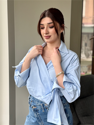 Poplin Kumaş Bağlama Detay Gömlek Bebe Mavisi