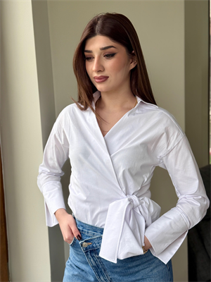 Poplin Kumaş Bağlama Detay Gömlek Beyaz