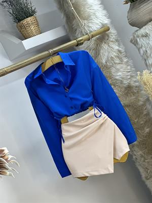 Poplin Kumaş Beli İp Büzgülü Crop Gömlek